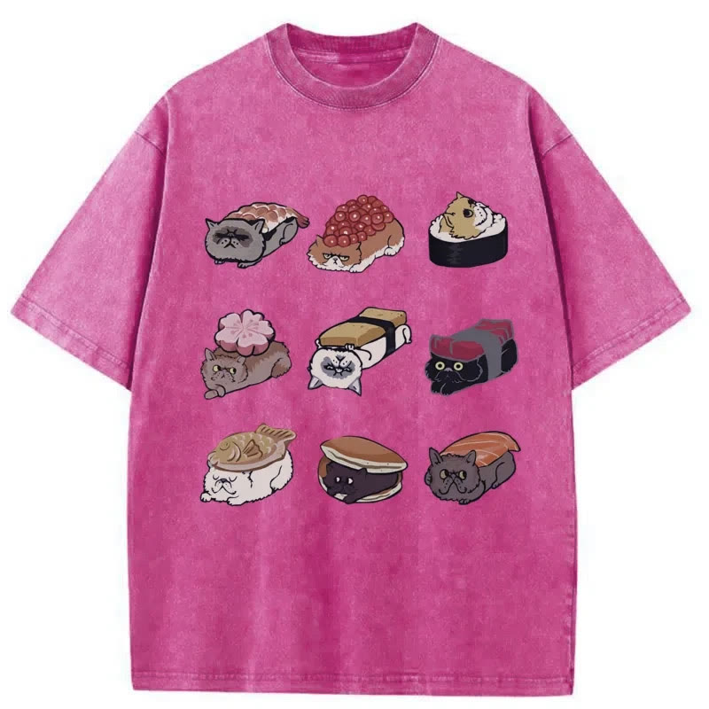 Unisex 100% Cotton Cute Cat Sushi Print Acid Washed T-shirt