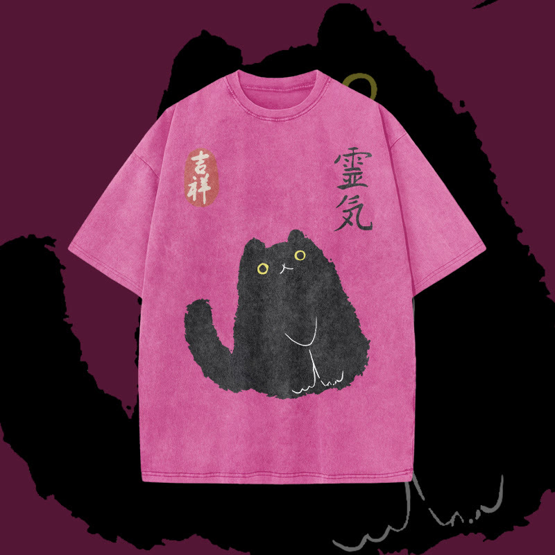 Unisex 100% Cotton Lucky Cat Japanese Print Acid Washed T-shirt