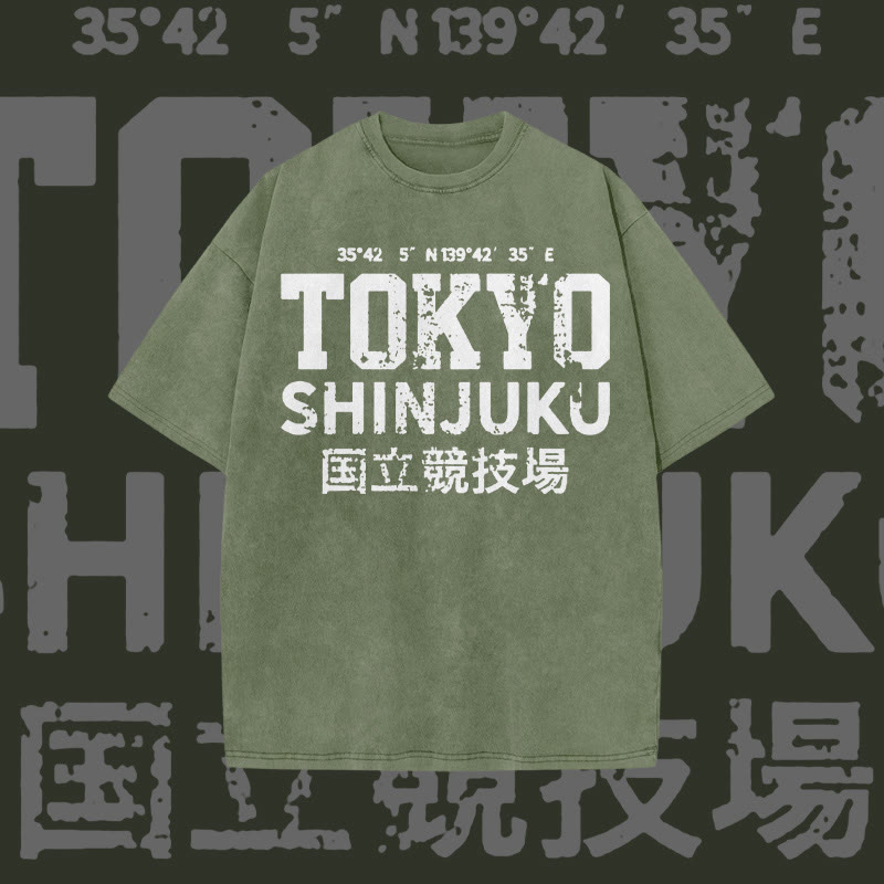 Unisex 100% Cotton Tokyo Shinjuku Print Acid Washed T-shirt