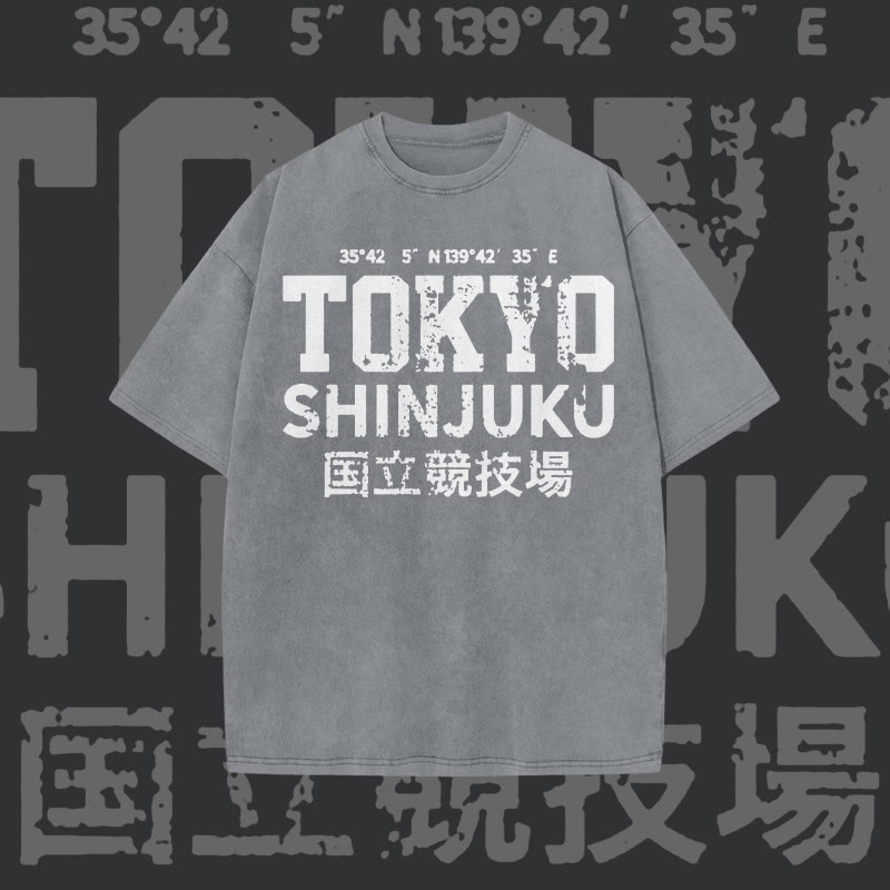 Unisex 100% Cotton Tokyo Shinjuku Print Acid Washed T-shirt
