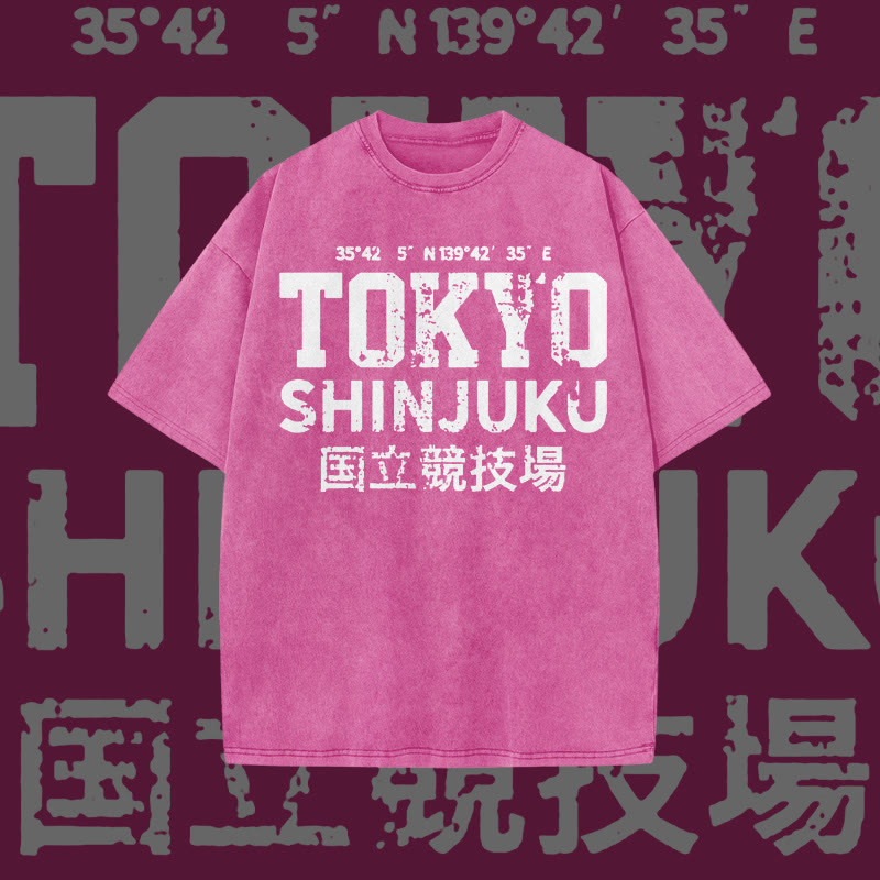 Unisex 100% Cotton Tokyo Shinjuku Print Acid Washed T-shirt