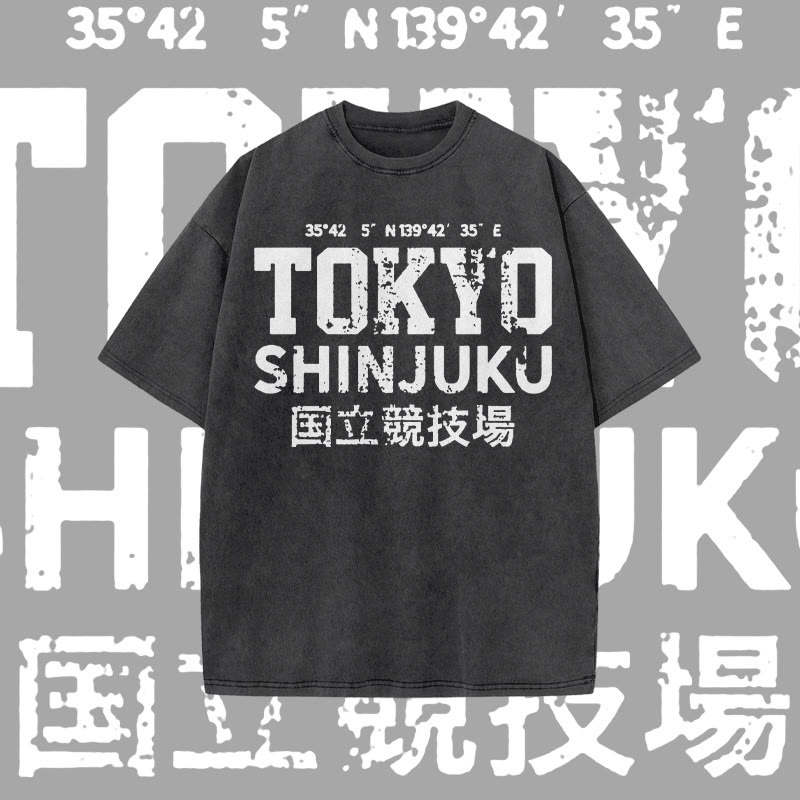 Unisex 100% Cotton Tokyo Shinjuku Print Acid Washed T-shirt