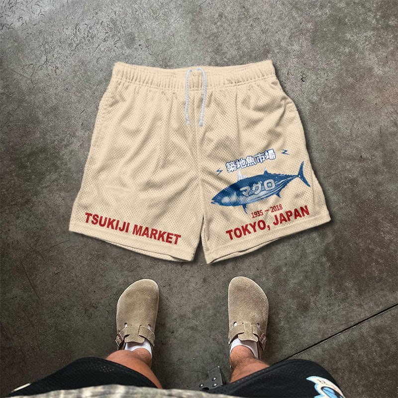Tsukiji Market Print Causal Mesh Shorts