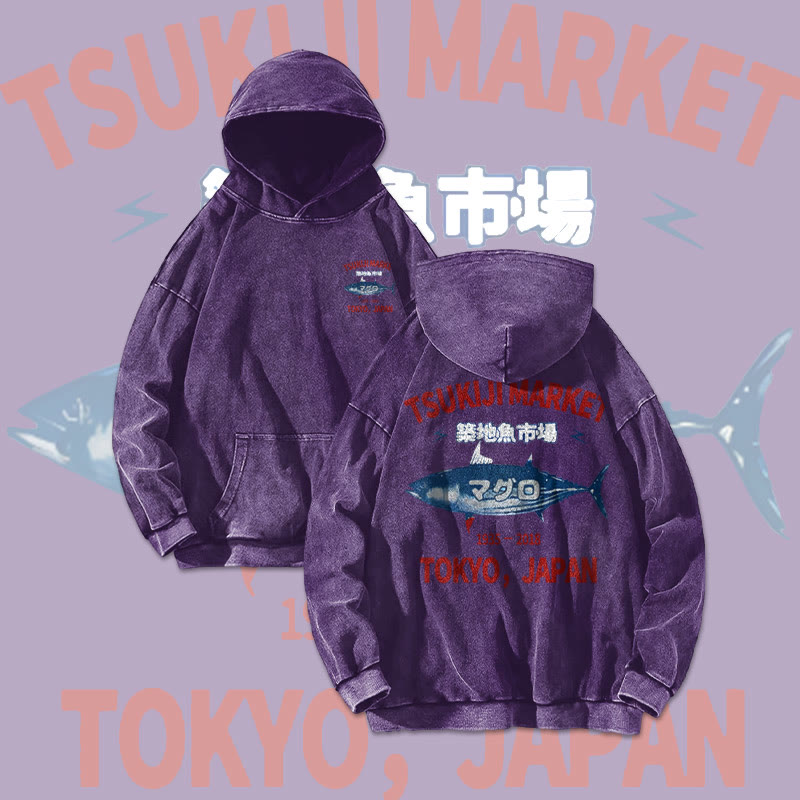 Unisex 100% Cotton Tsukiji Market Printed Washed Hoodie 