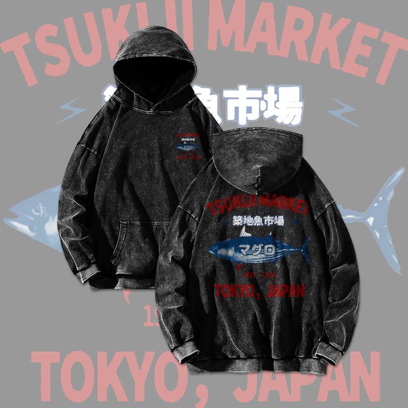 Unisex 100% Cotton Tsukiji Market Printed Washed Hoodie 