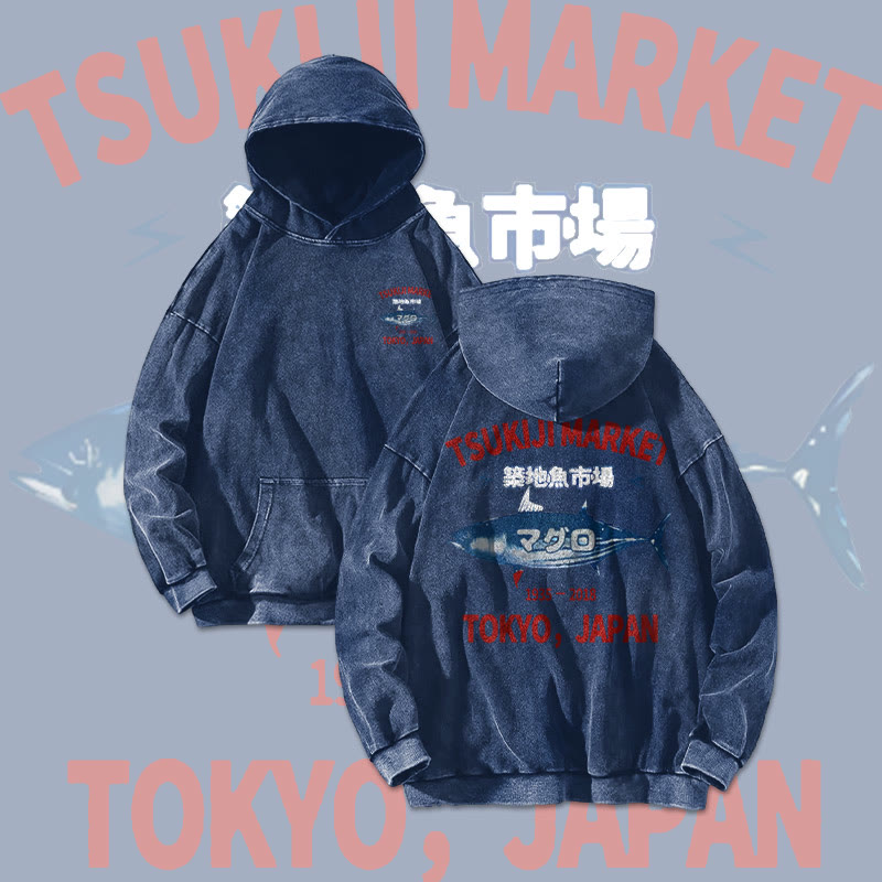 Unisex 100% Cotton Tsukiji Market Printed Washed Hoodie 