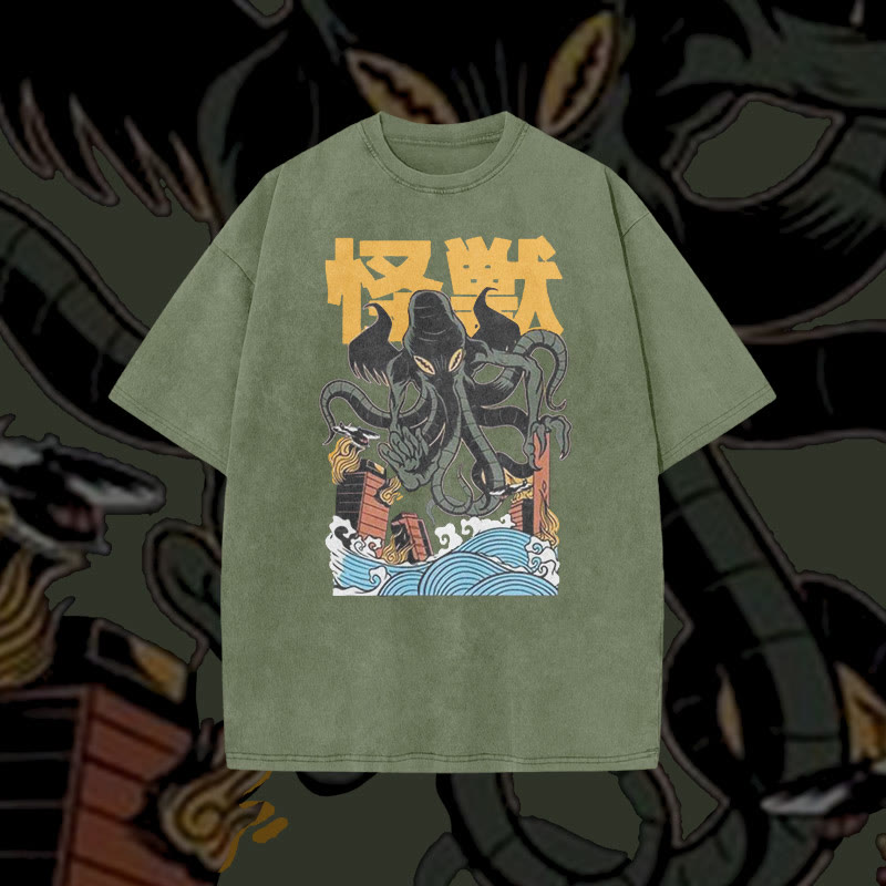 Unisex 100% Cotton Japanese Octopus Monster Print Acid Washed T-shirt
