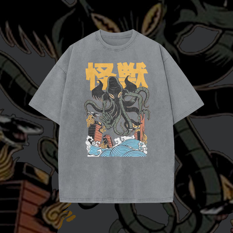 Unisex 100% Cotton Japanese Octopus Monster Print Acid Washed T-shirt