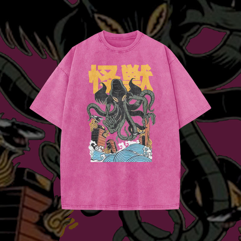 Unisex 100% Cotton Japanese Octopus Monster Print Acid Washed T-shirt