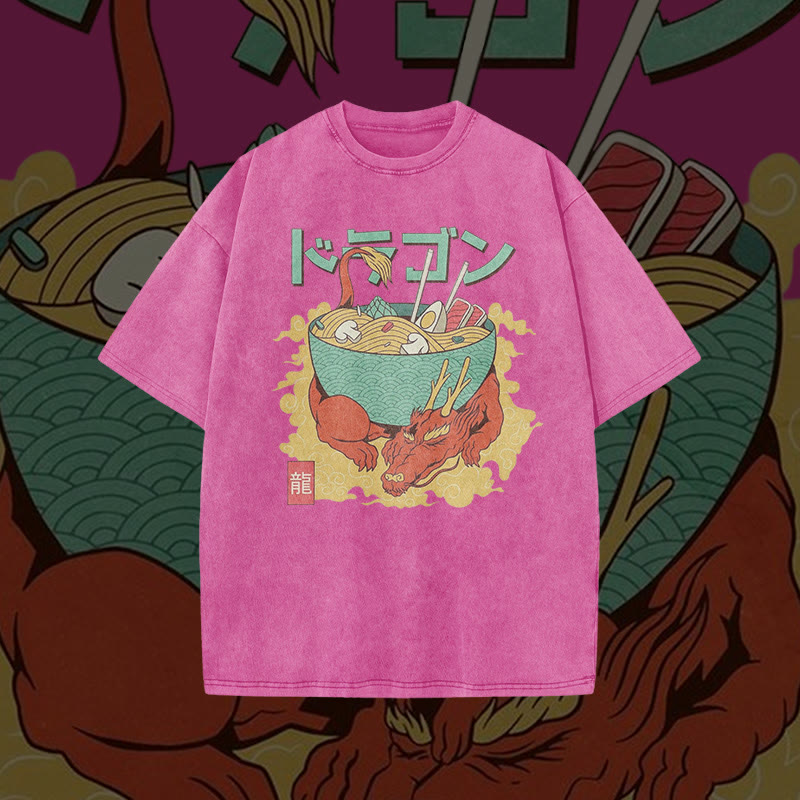 Unisex 100% Cotton Ramen On The Dragon Print Acid Washed T-shirt