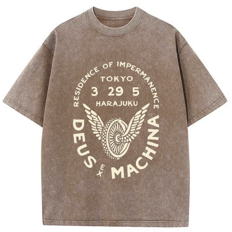 Unisex 100% Cotton Deus Ex Machina Tokyo Print Acid Washed T-shirt