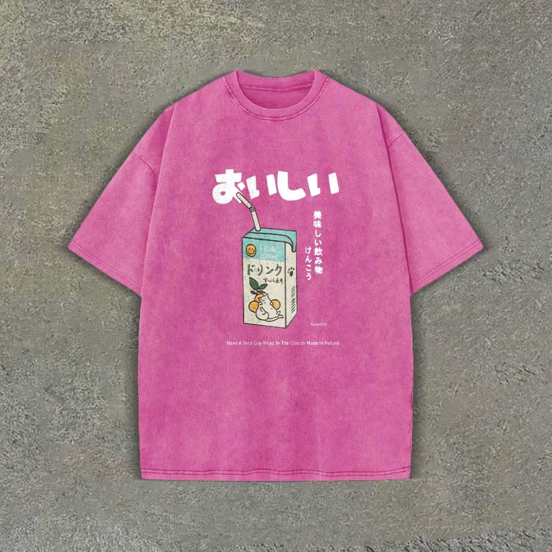 Unisex 100% Cotton Japanese Drink Pattern Letter Print Acid Washed T-shirt
