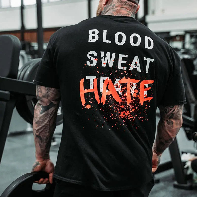 Unisex 100% Cotton Blood Sweat Tears Hate Print Gym T-shirt - Black - 2XL - image 1