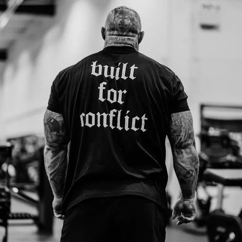 Unisex 100% Cotton Built For Conflict Print Gym T-shirt - Black - 2XL - image 1