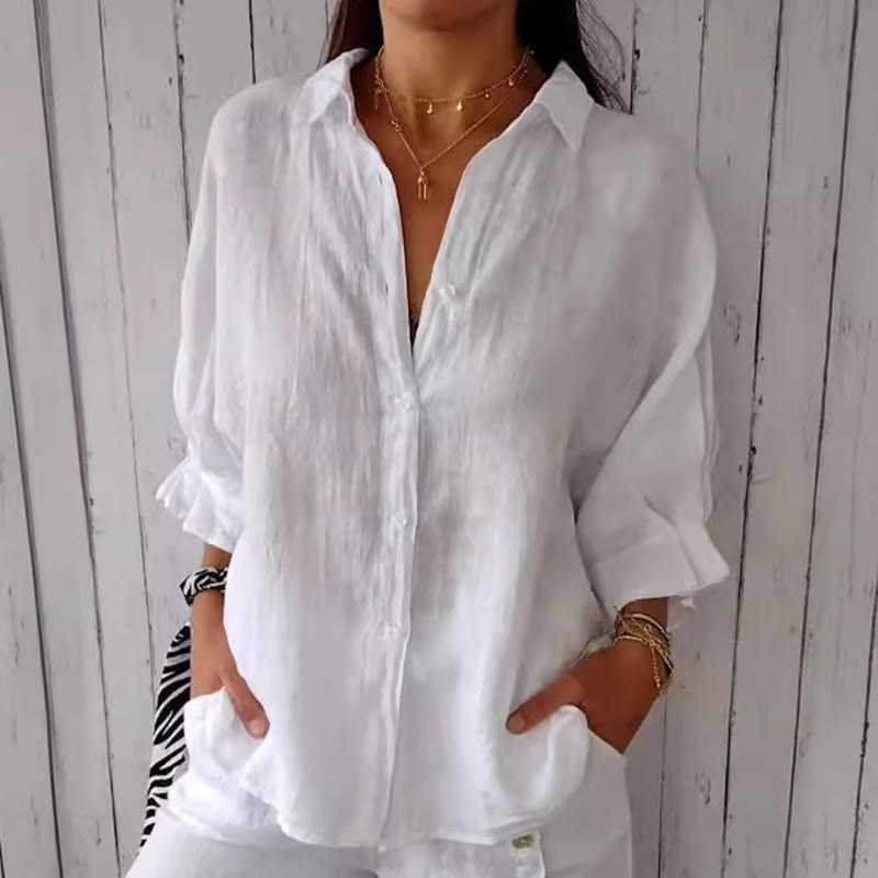 Casual Loose Three-quarter Sleeve Lapel Shirt - White - 5XL - image 2