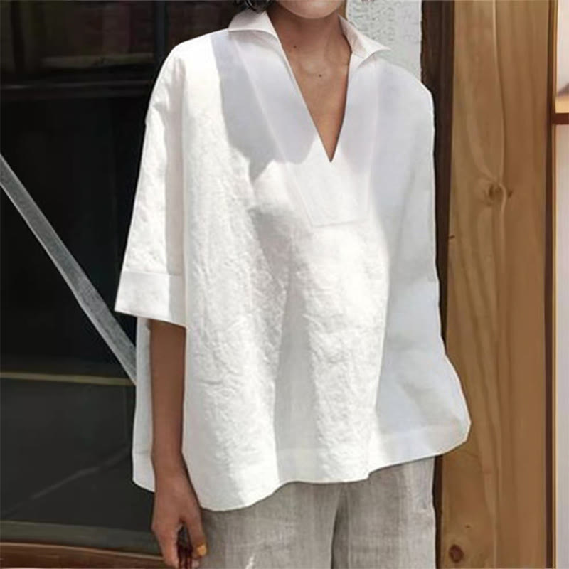 Casual V-neck Mid-sleeve Top - White - 5XL - image 1