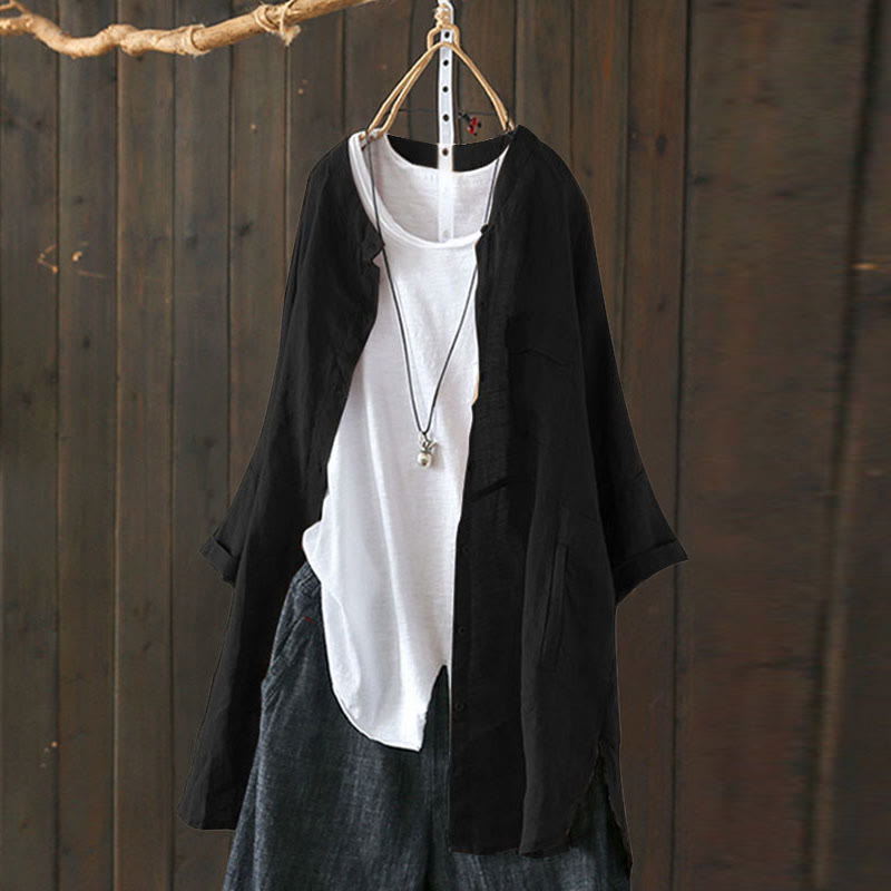 Casual Mid-length Solid Color Round Neck Long-sleeved Shirt - Black - 5XL - image 2