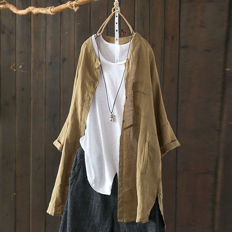 Casual Mid-length Solid Color Round Neck Long-sleeved Shirt - Khaki - 5XL - image 1