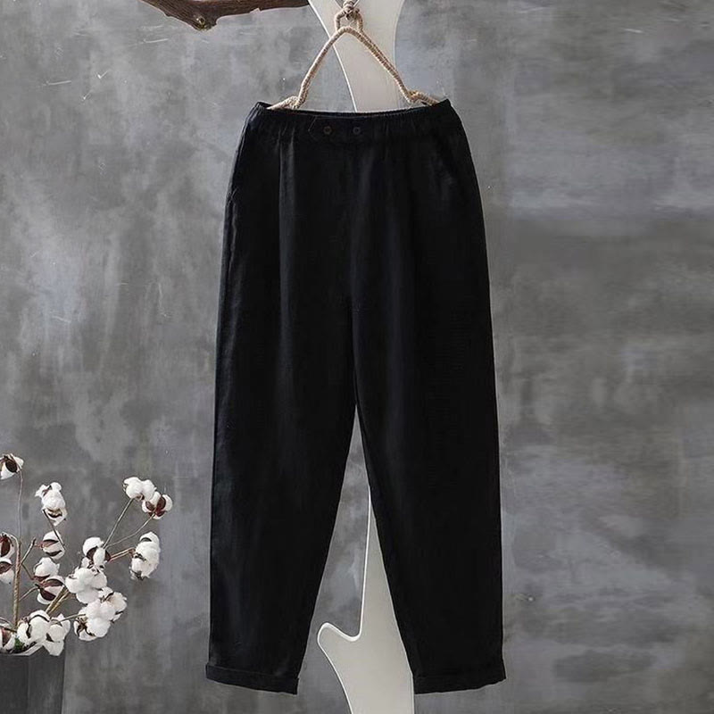 Casual Button Pocket Cropped Trousers - Black - 2XL - image 4