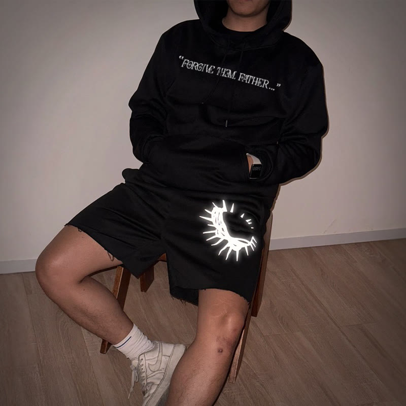 Unisex Reflective Crown Of Thorns Print Hoodie And Shorts Set