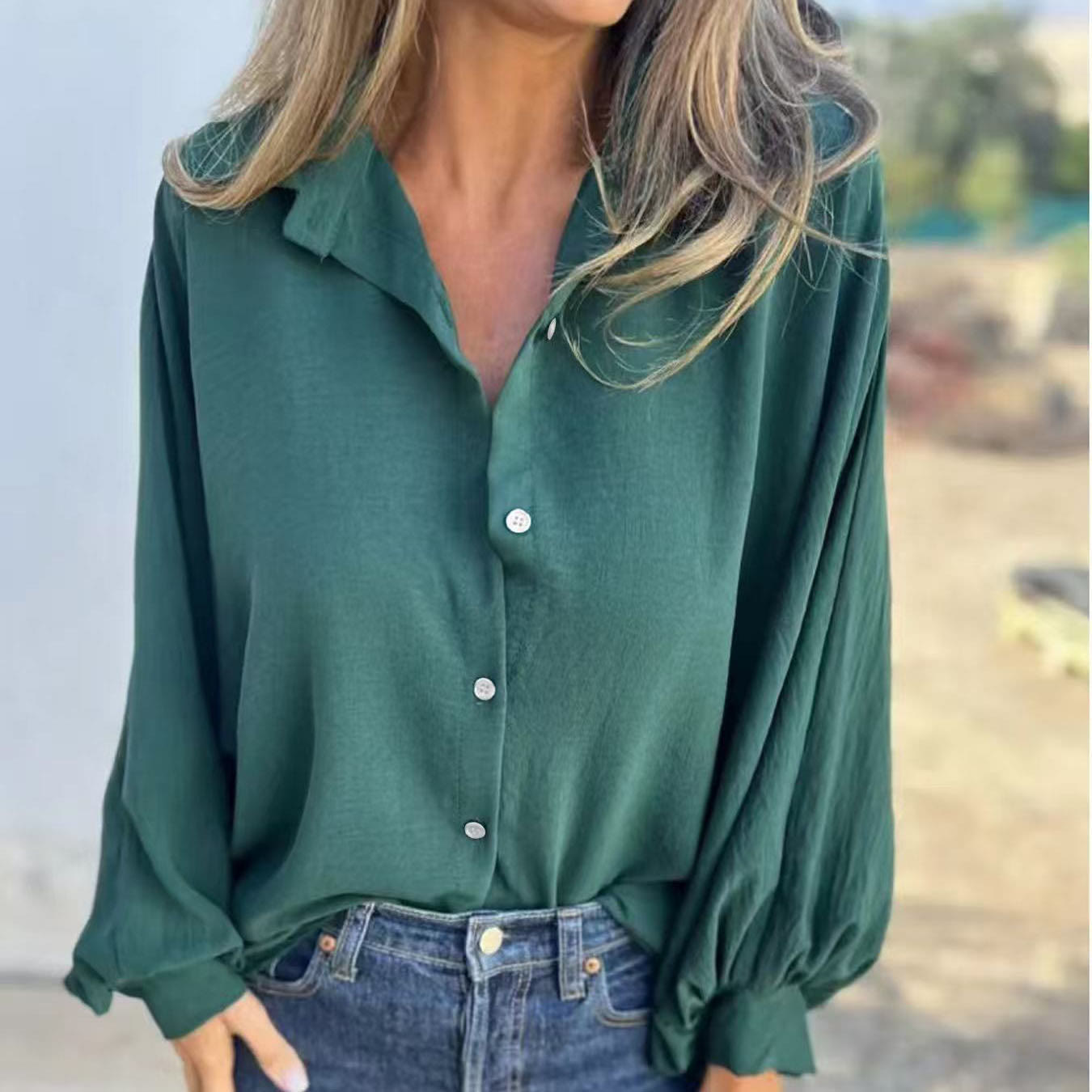 Casual Long Sleeve Lapel Shirt - Green - 5XL - image 2