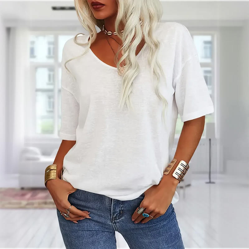 Women's casual short sleeve V-neck T-shirt - White - 2XL - image 1