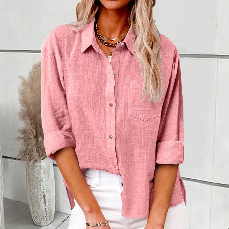 Casual Pocket Slit Long Sleeve Shirt - Pink - 5XL - image 2
