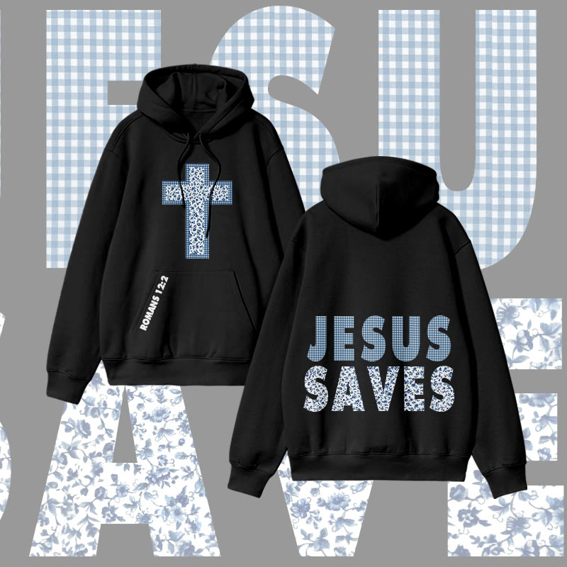 Unisex 100% Cotton Plaid Floral Jesus Saves Print Hoodie
