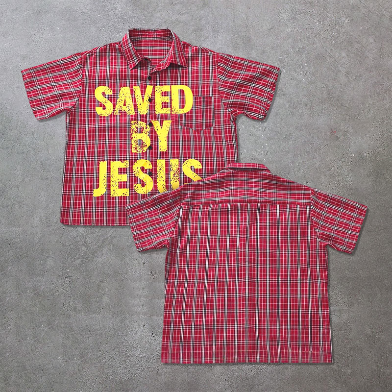 Unisex 100% Cotton Saved By Jesus Plaid Print Short Sleeve Shirt