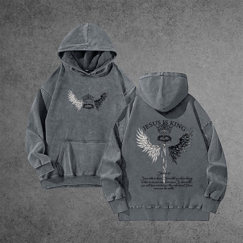 Unisex 100% Cotton JESUS IS KING Printed Washed Hoodie  - Grey - 3XL - image 1