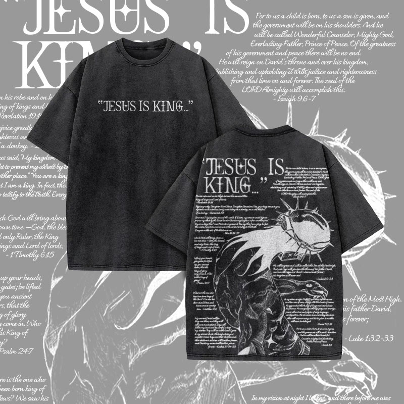 Unisex 100% Cotton Jesus Is King Craetive Print Acid Washed T-shirt