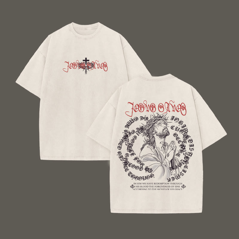 Unisex 100% Cotton Jesus Divine Redemption Print Acid Washed T-shirt