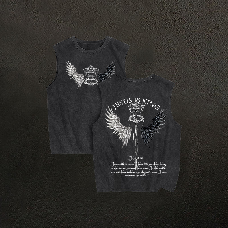 100% Cotton JESUS IS KING Printed Acid Washed Tank Top