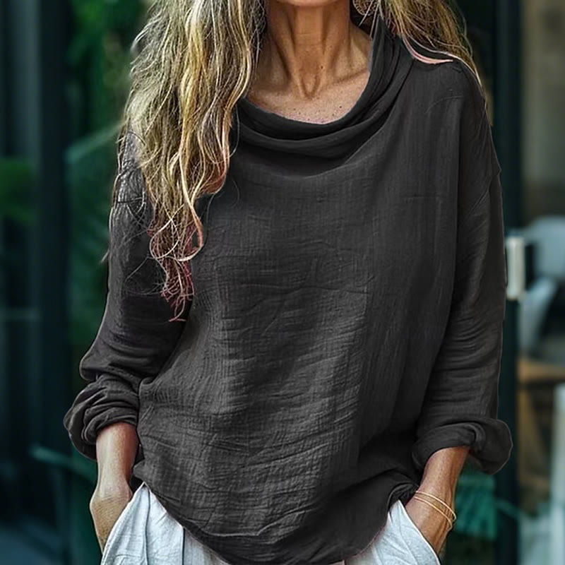 Women's Casual Loose Solid Color Pile Collar Long Sleeve Top - Black - 3XL - image 2