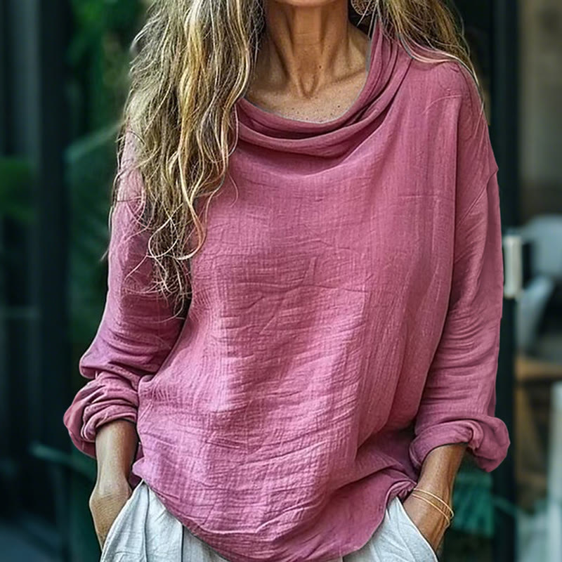 Women's Casual Loose Solid Color Pile Collar Long Sleeve Top - Rose - 3XL - image 1