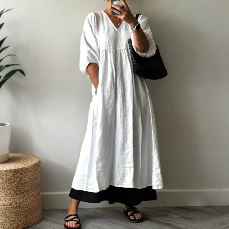  Women's V-neck Solid Color Casual Pocket Dress - image 2