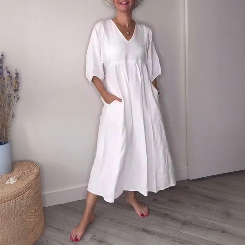  Women's V-neck Solid Color Casual Pocket Dress - White - 5XL - image 1