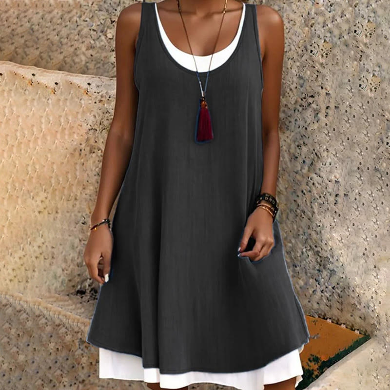 Women's Casual Sleeveless Fake Two-piece Loose Vest Dress - Black - 3XL - image 2