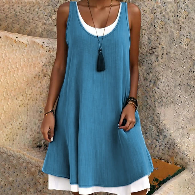 Women's Casual Sleeveless Fake Two-piece Loose Vest Dress - Blue - 3XL - image 1