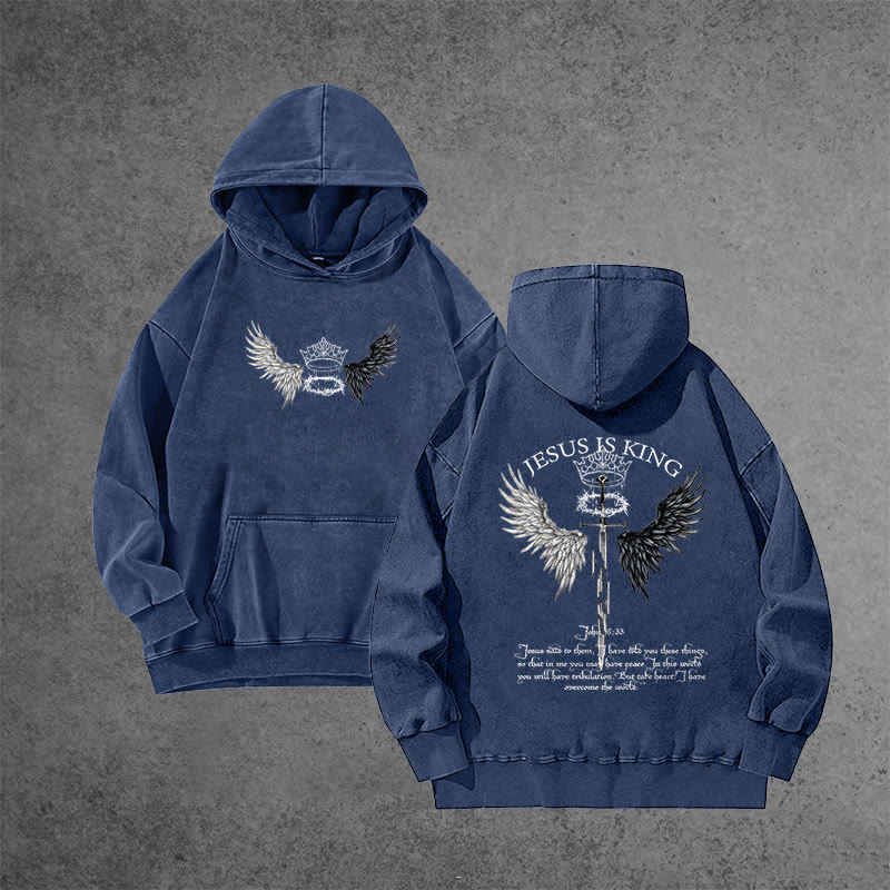 Unisex 100% Cotton JESUS IS KING Printed Washed Hoodie  - Blue - 3XL - image 4