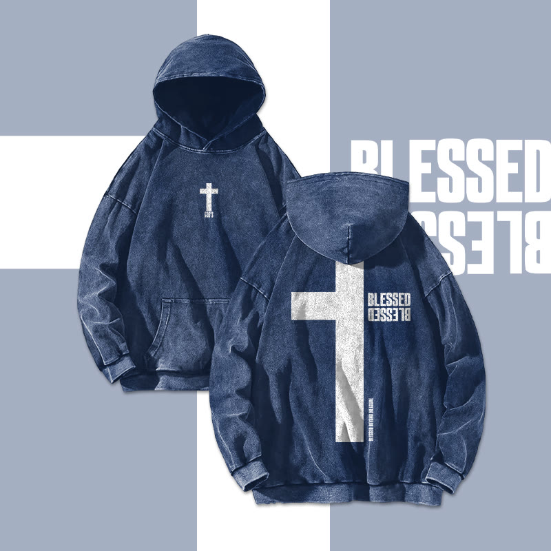 Reflective Blessed Cross Printed Washed Hoodie 