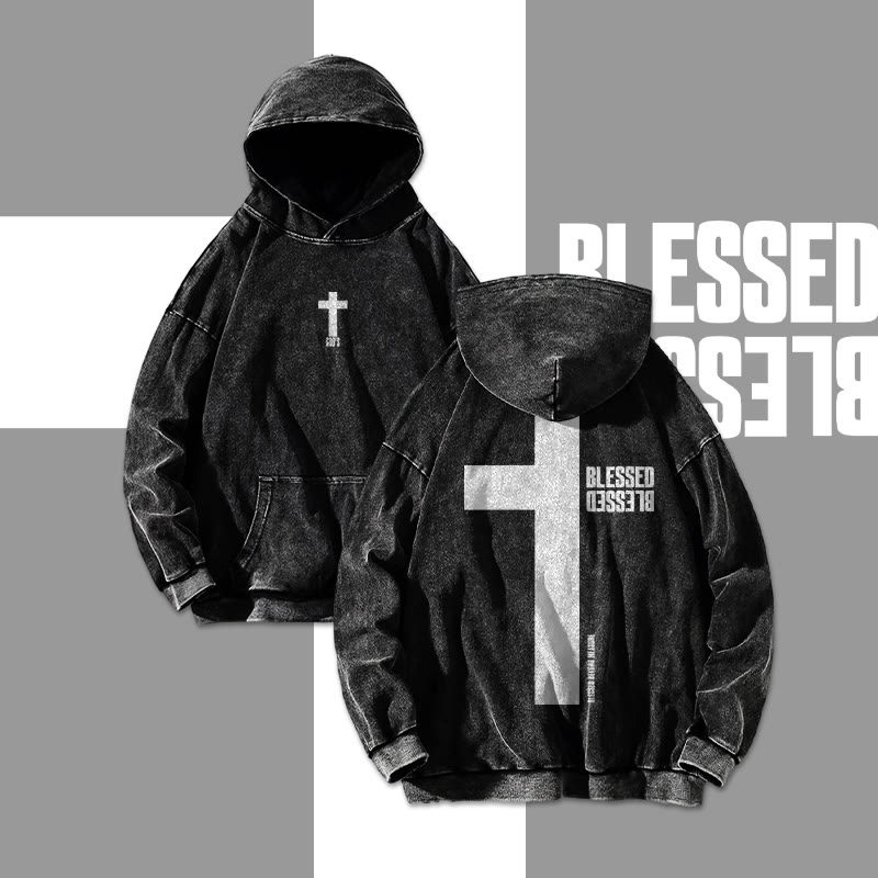 Reflective Blessed Cross Printed Washed Hoodie 