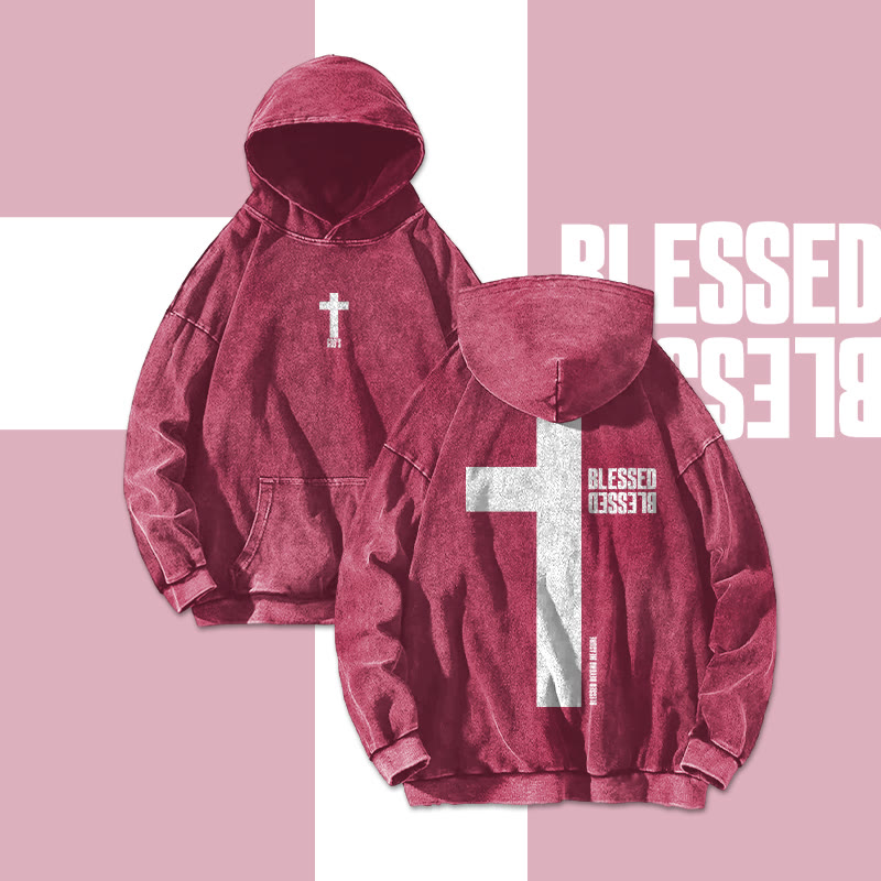 Reflective Blessed Cross Printed Washed Hoodie 