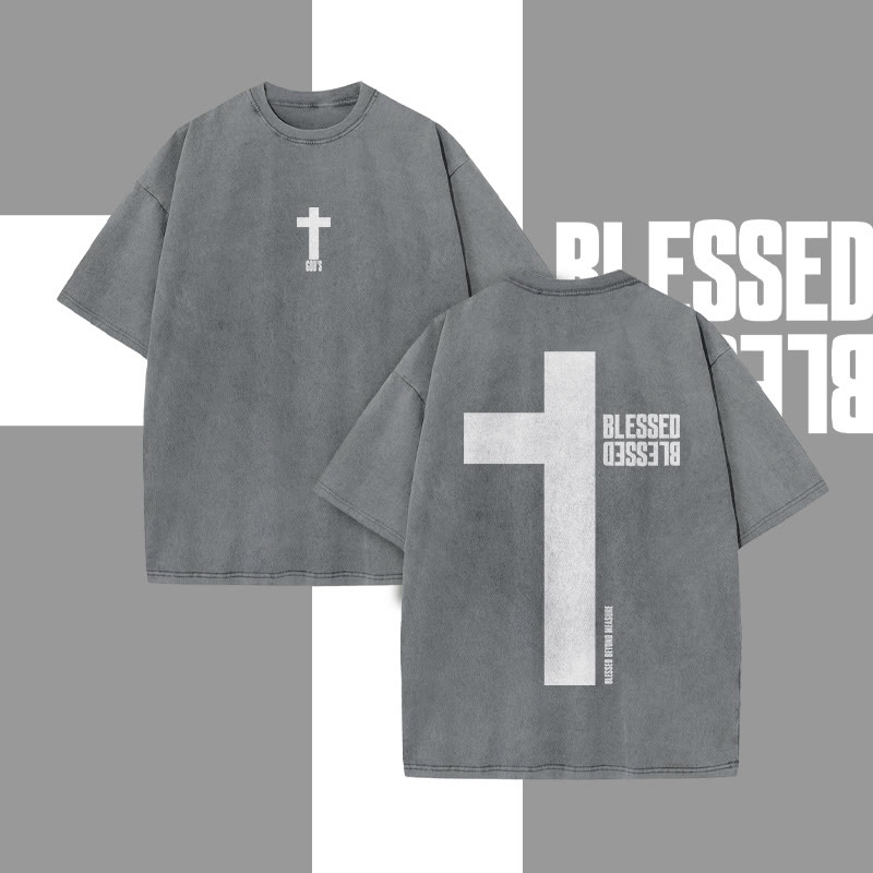 Reflective Blessed Cross Print Acid Washed T-shirt