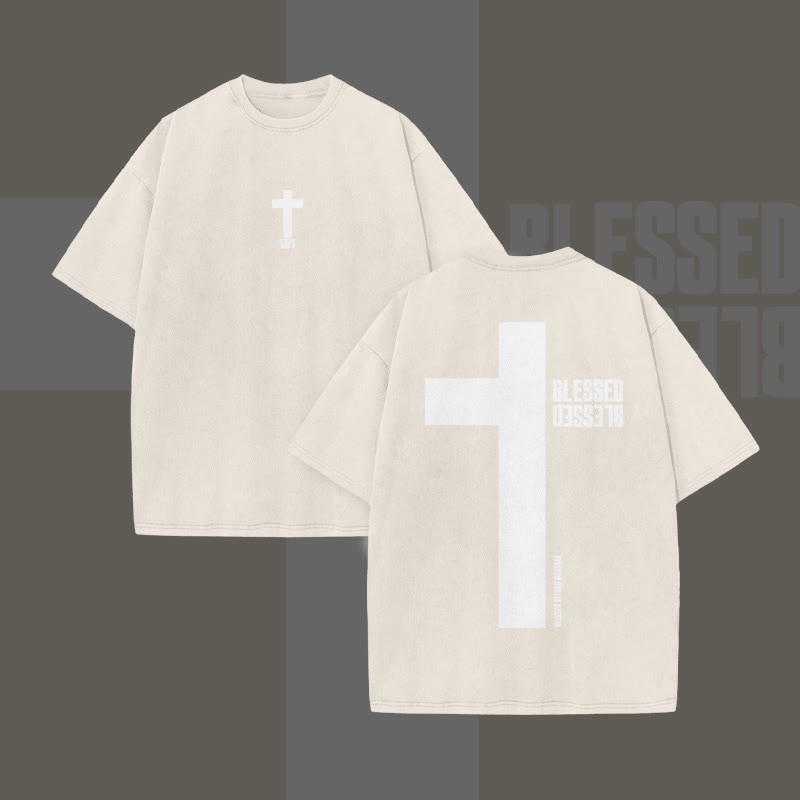 Reflective Blessed Cross Print Acid Washed T-shirt