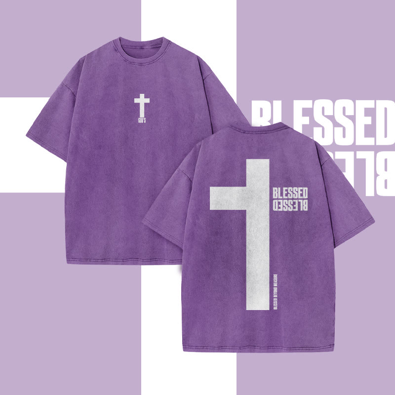 Reflective Blessed Cross Print Acid Washed T-shirt