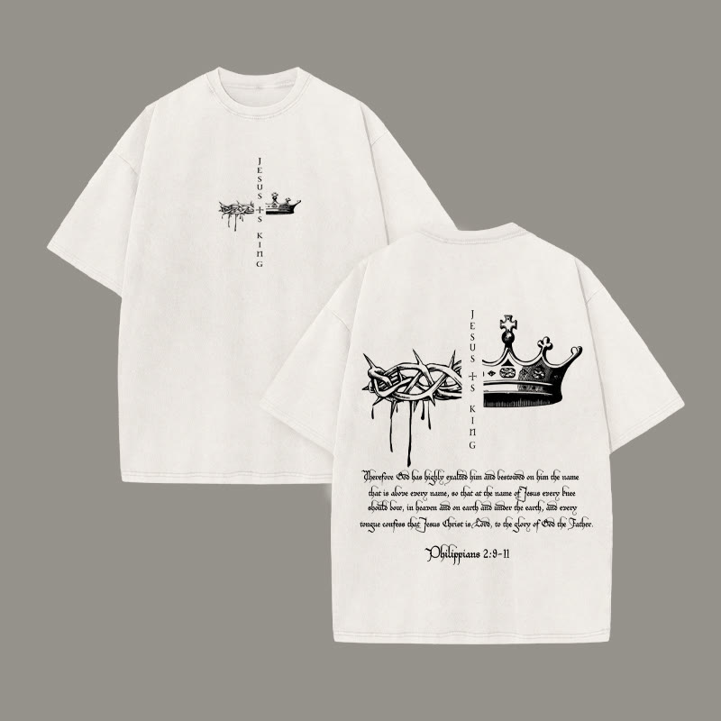 Unisex 100% Cotton JESUS IS KING Print Acid Washed T-shirt - Beige - US20-22(3XL) - image 2