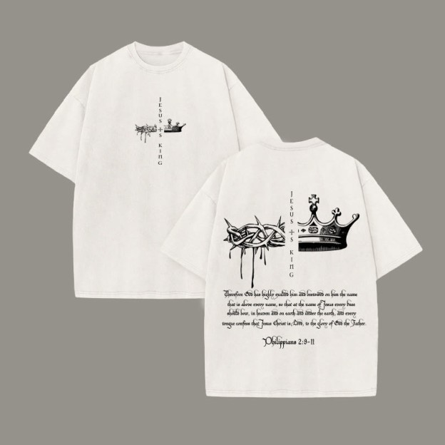 Unisex 100% Cotton JESUS IS KING Print Acid Washed T-shirt - Beige - US20-22(3XL) - image 2
