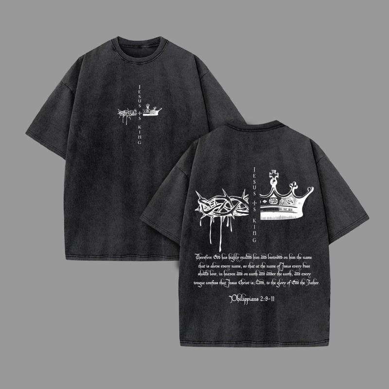 Unisex 100% Cotton JESUS IS KING Print Acid Washed T-shirt - Black - US20-22(3XL) - image 1
