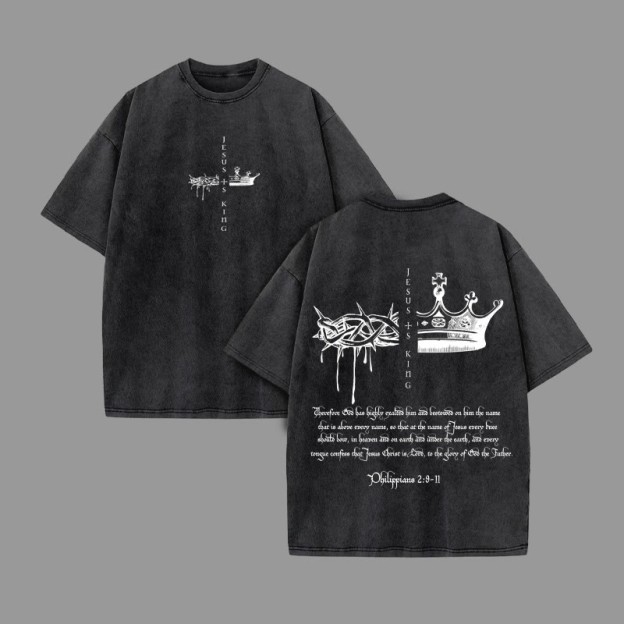 Unisex 100% Cotton JESUS IS KING Print Acid Washed T-shirt - Black - US20-22(3XL) - image 1